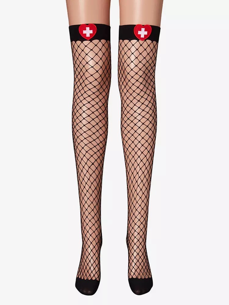 Womens Fishnet Stockings Nurse Cross Patch Thigh High Cosplay Over Knee Socks