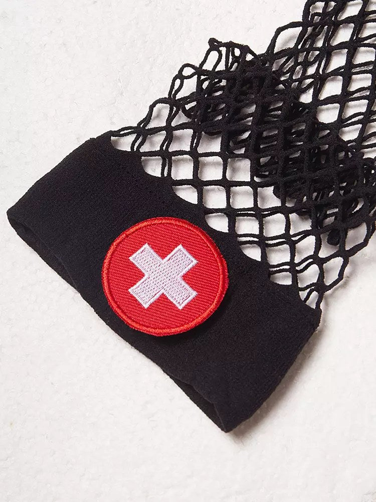 Womens Fishnet Stockings Nurse Cross Patch Thigh High Cosplay Over Knee Socks