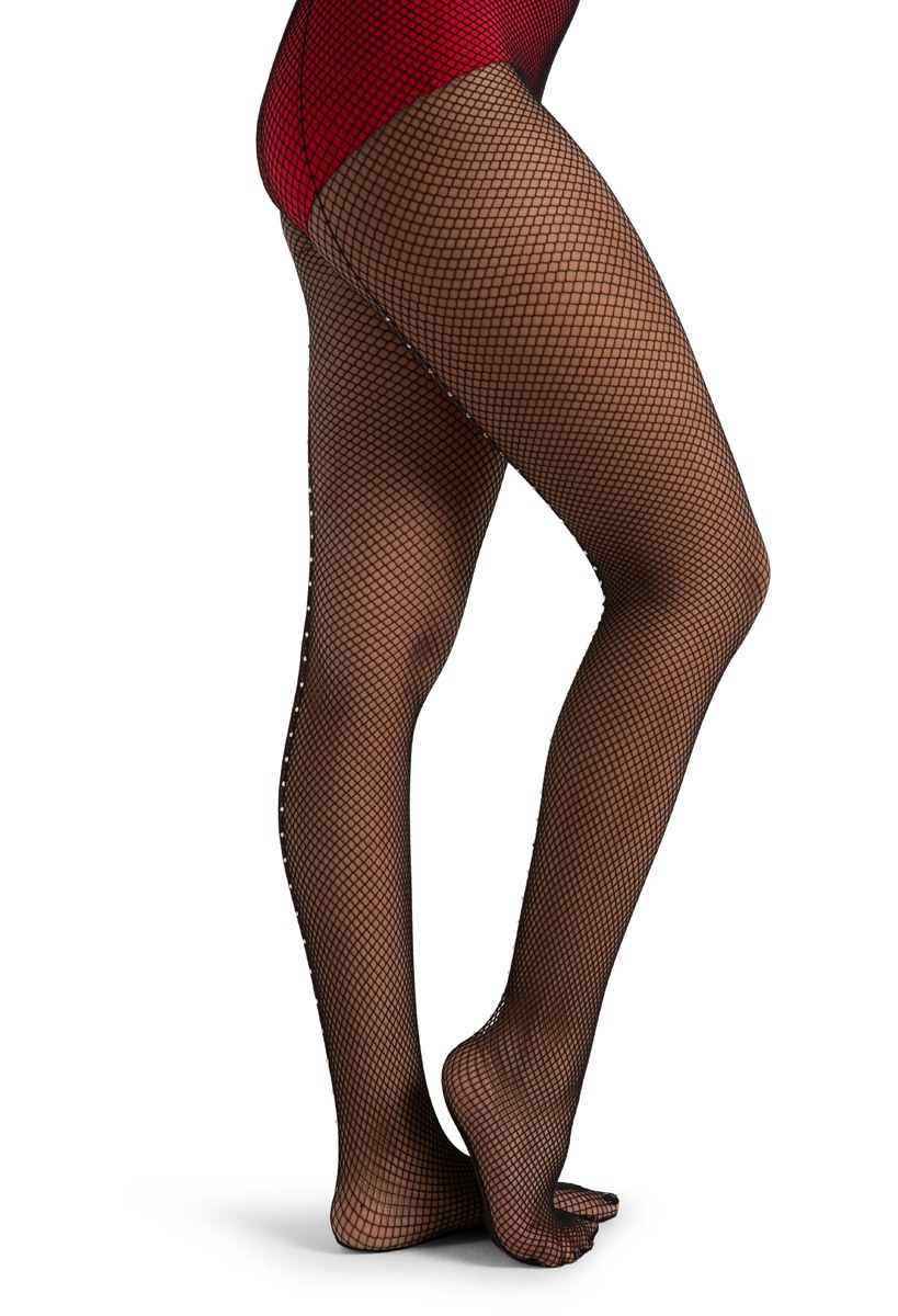 Black back-seam rhinestone fishnet tights, side angle
