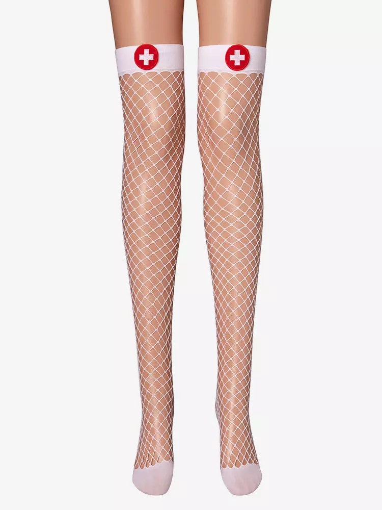 Womens Fishnet Stockings Nurse Cross Patch Thigh High Cosplay Over Knee Socks