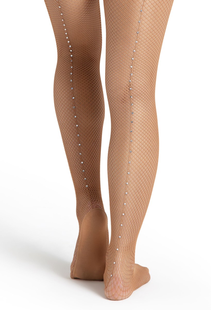 Nude back-seam rhinestone fishnet tights, rear view