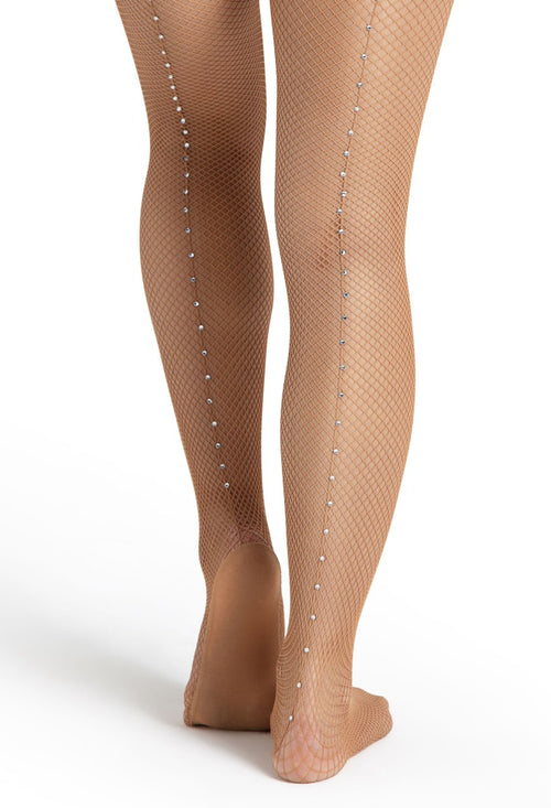 Nude back-seam rhinestone fishnet tights, rear view