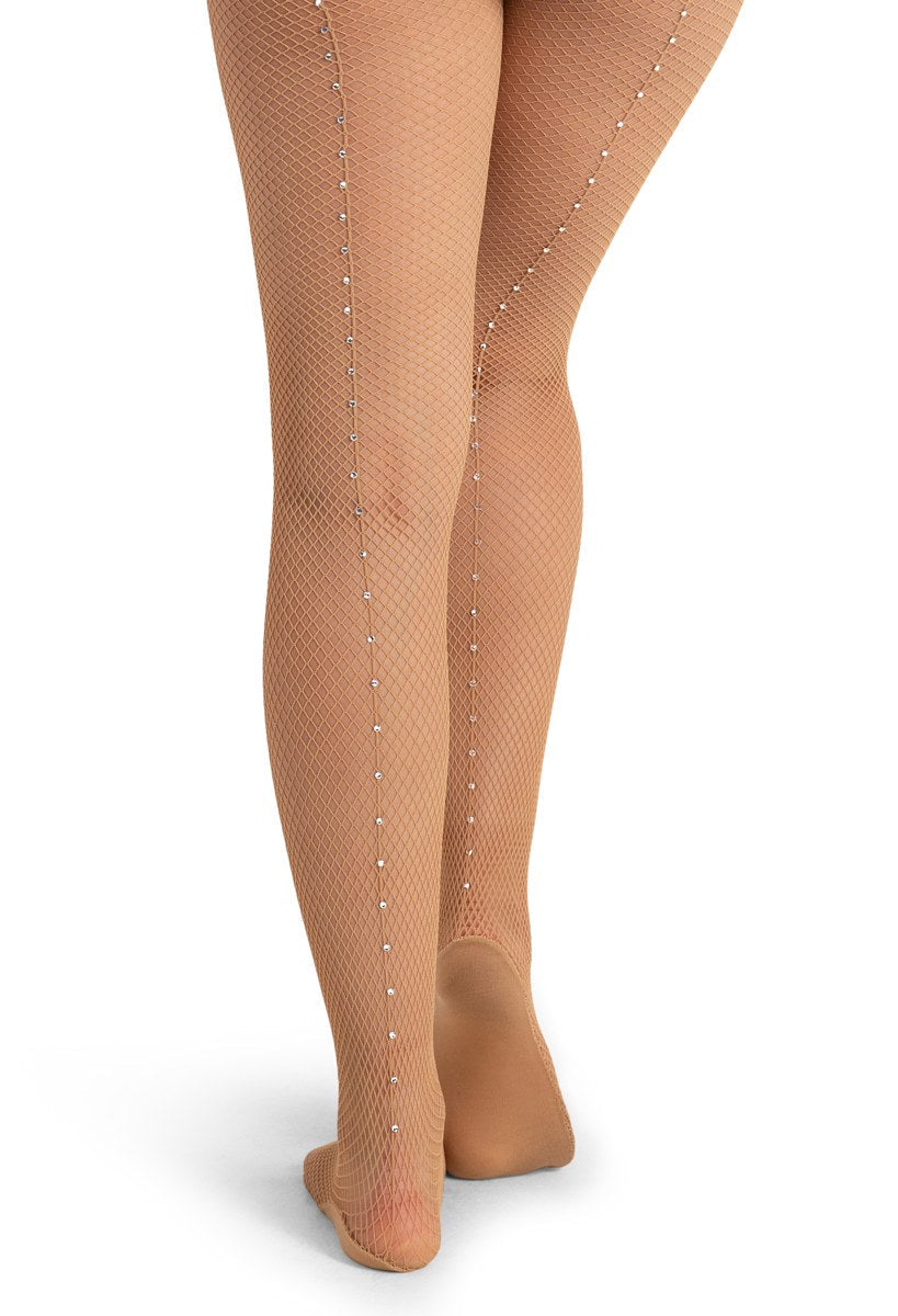 Nude back-seam rhinestone fishnet tights, full length