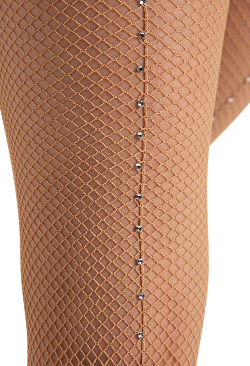 Nude back-seam rhinestone fishnet tights, seam detail