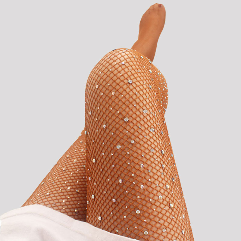 Rhinestone fishnet dance tights in coffee, worn full leg