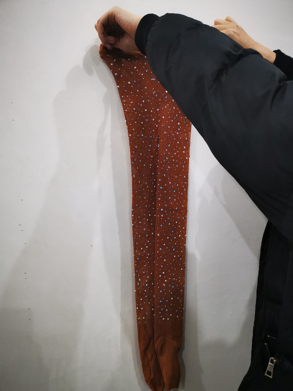 Coffee rhinestone fishnet tights held up, full length